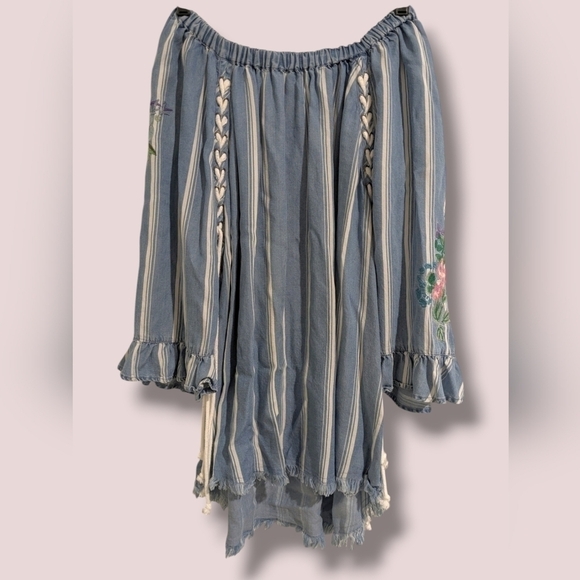 Ali Miles Blue Stripe Floral Embroidered Tie Detail 100% Tencel Tunic Bohemian - Picture 1 of 10